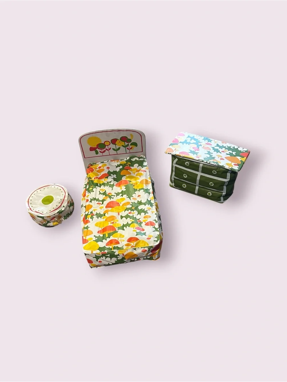 Vintage Barbie Puff N' Play Floral Print Retro Doll Bed Set Bed Ottoman Dresser